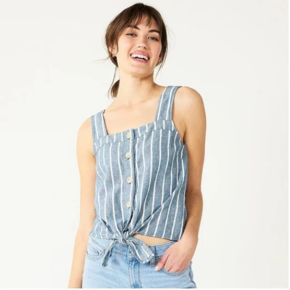 NWT- Sonoma Tie-Hem Squareneck Tank in Denim Blue Stripe Print